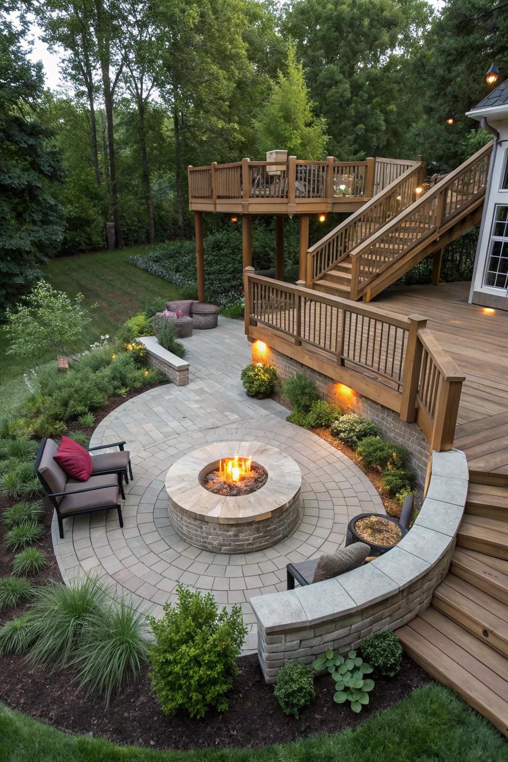 A walkout basement deck with a central fire pit and circular seating.