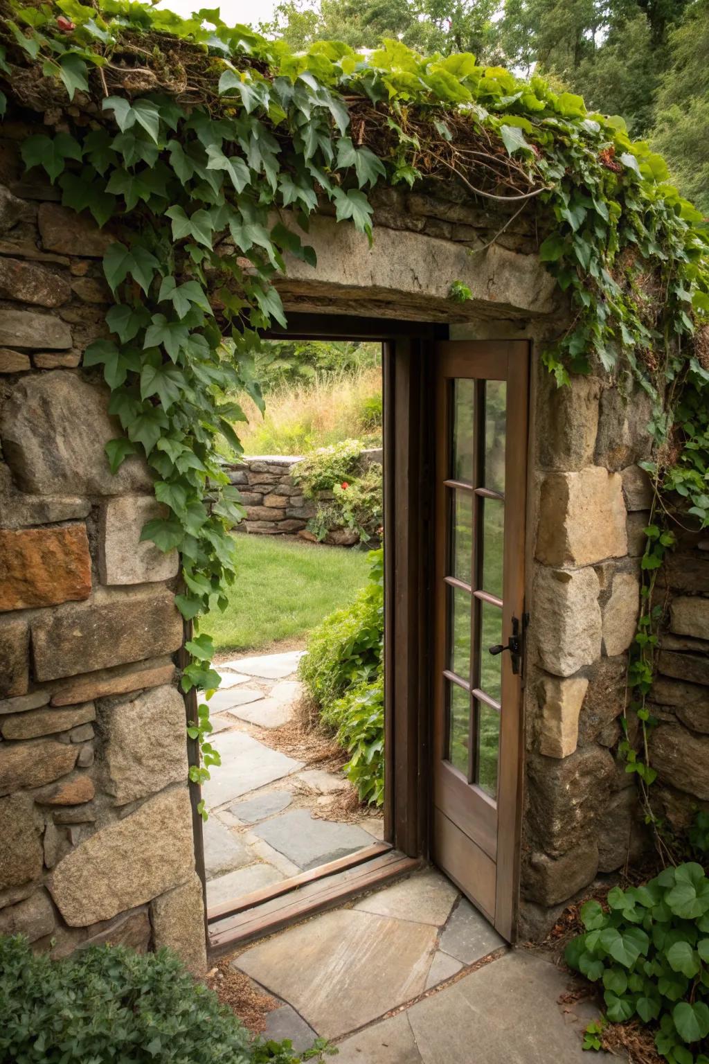 A stone-framed basement door offers a touch of rustic elegance.