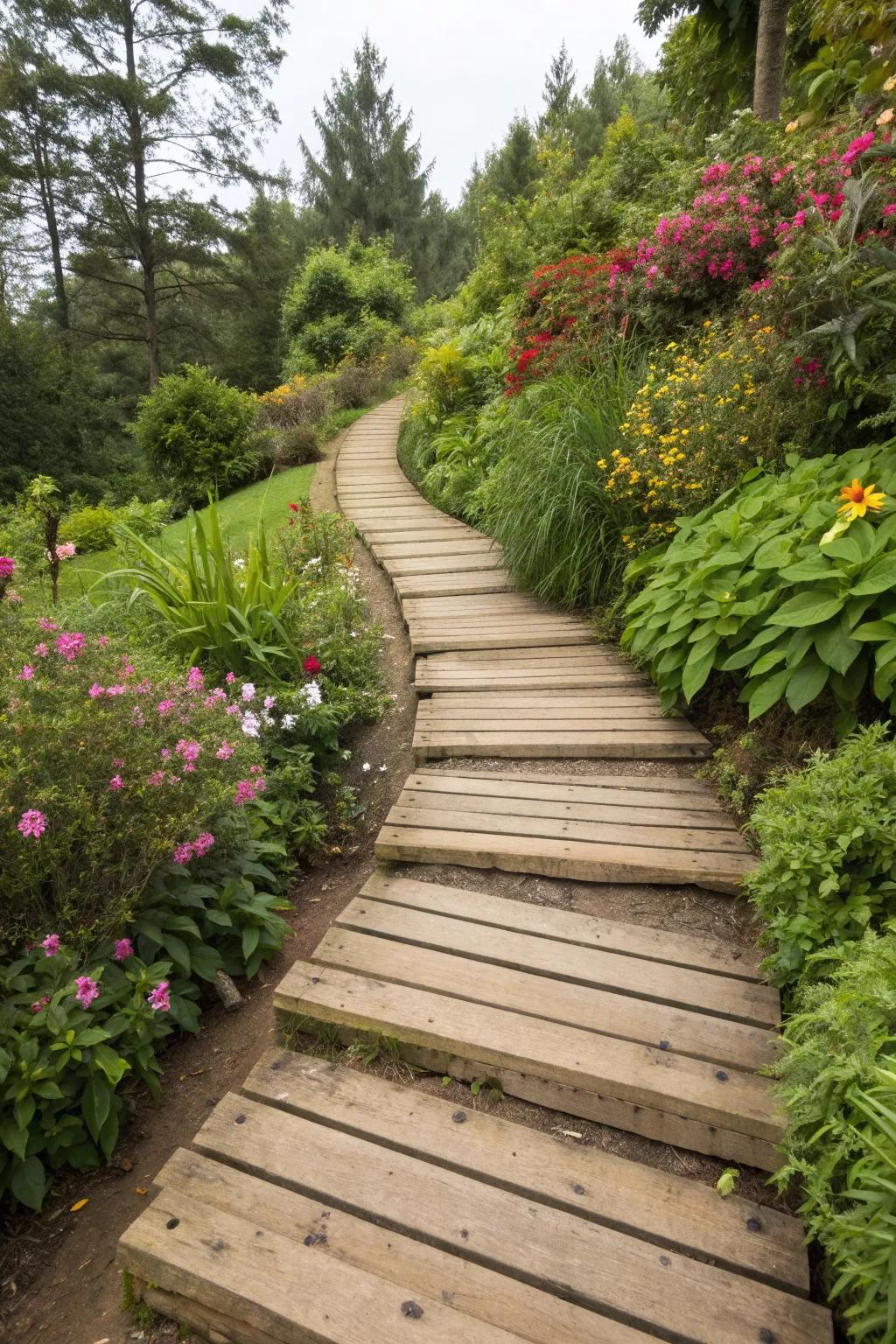 Timber planks offer a rustic charm to any sloped pathway.