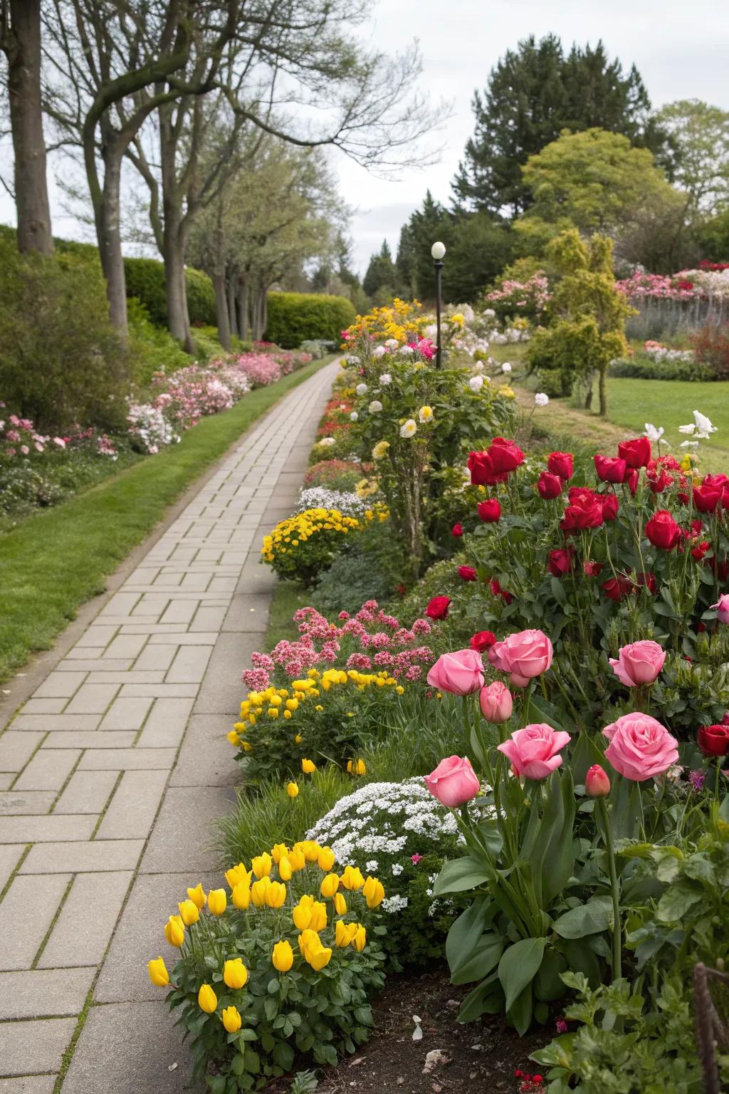 Vibrant flowering plants along a garden path
