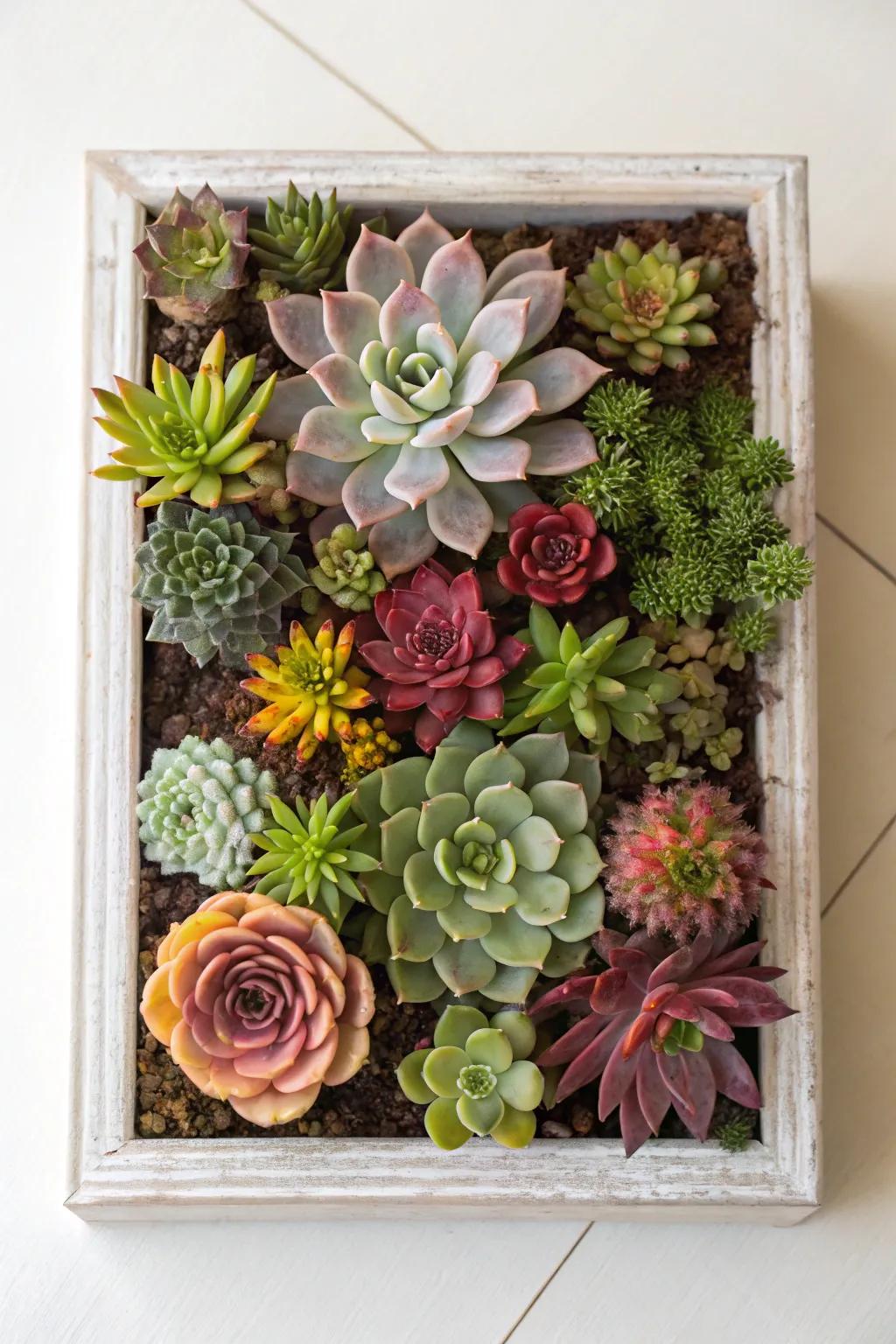 Succulents create a living picture frame on the wall.