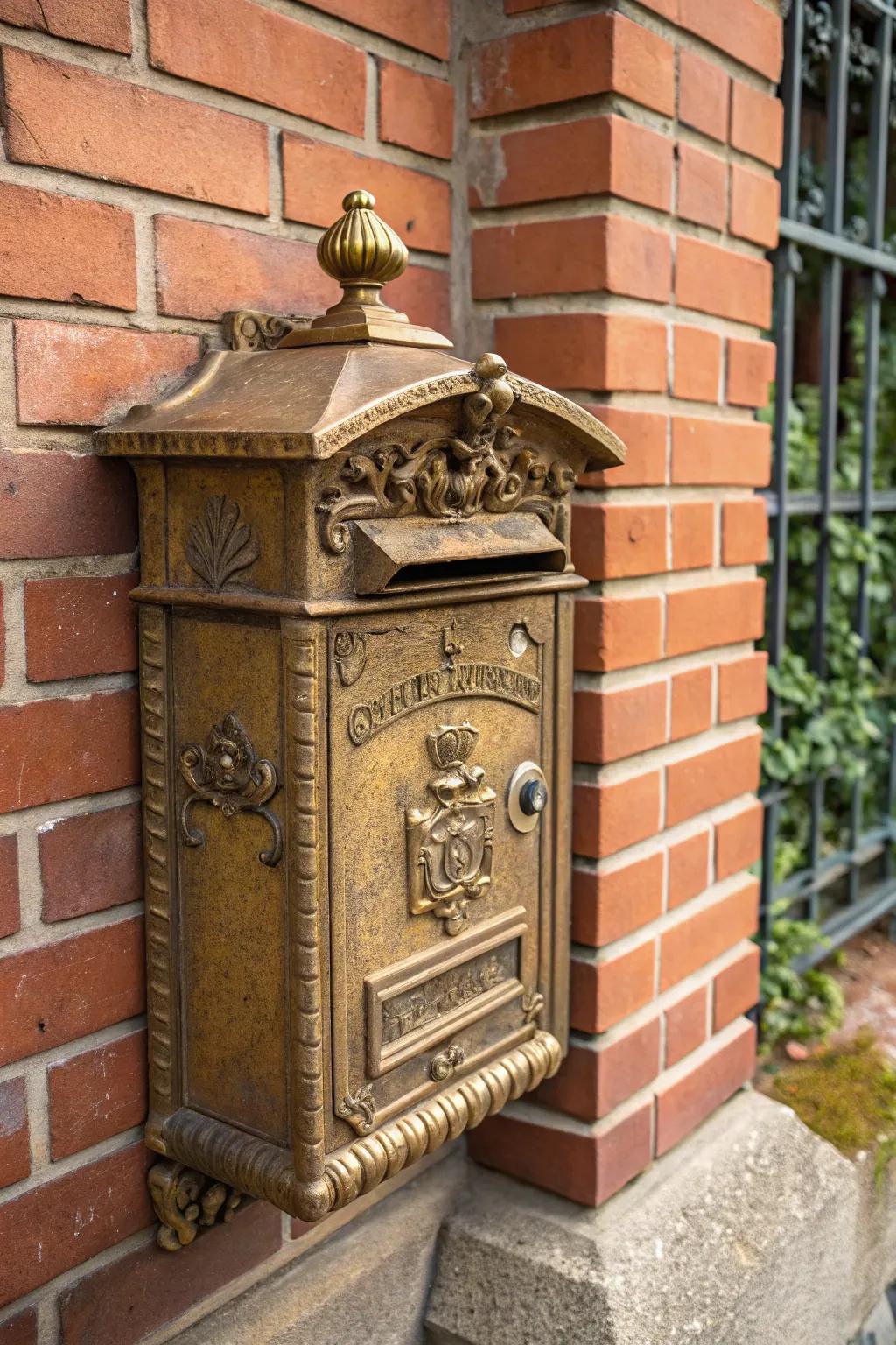 A vintage brass mailbox that exudes timeless elegance.