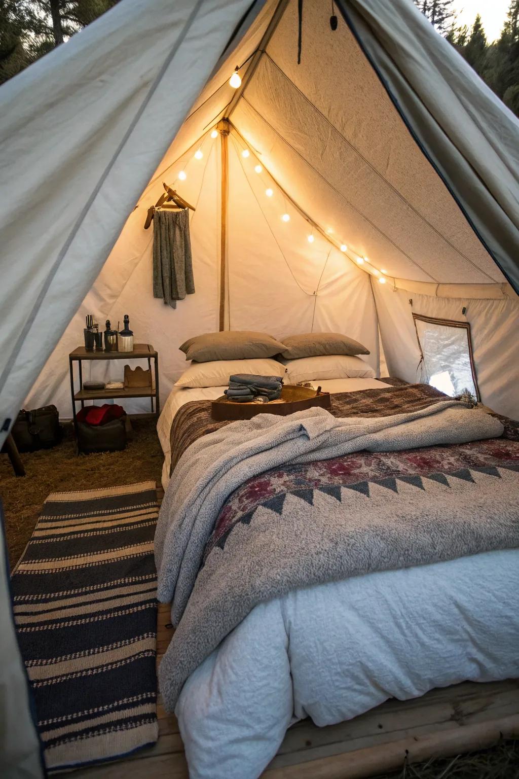 A wall tent with a plush bed layered with blankets and pillows, ensuring a cozy night's sleep.
