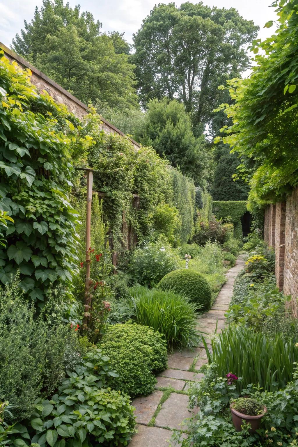 A lush green oasis within stone walls.