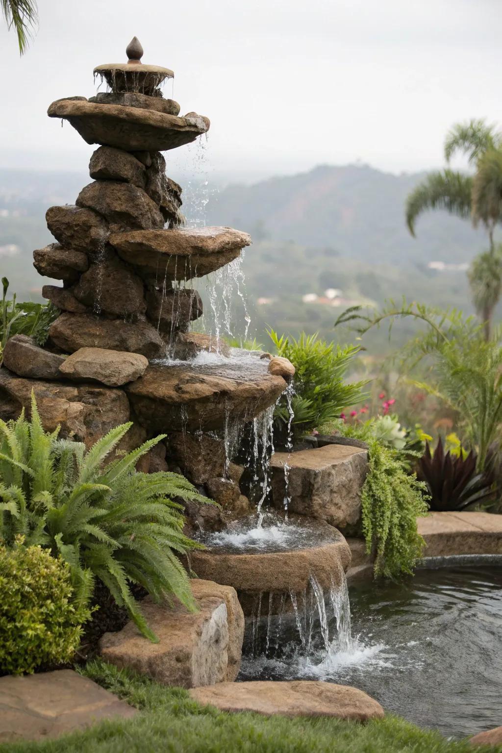 Tiered rock fountains create a captivating visual and auditory experience.
