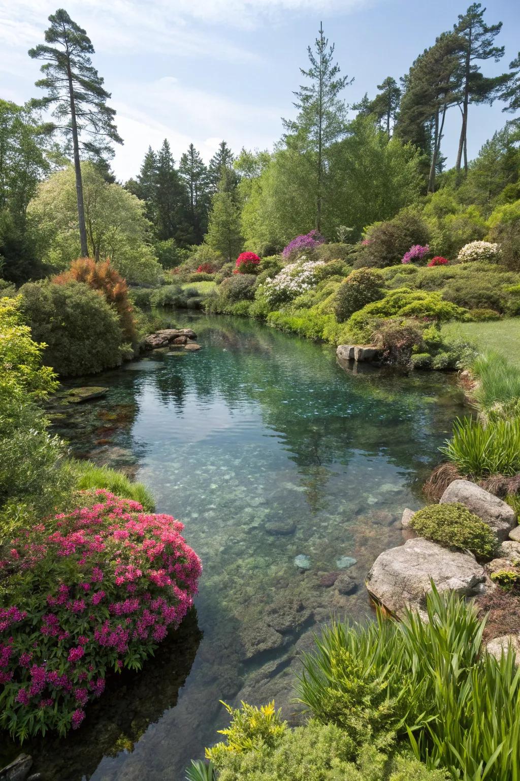 A small pond surrounded by vibrant plant life creates a tranquil garden retreat.