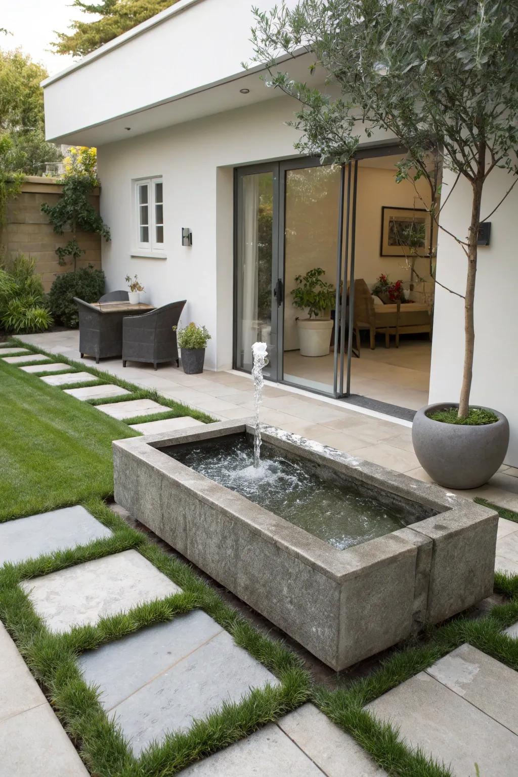 A modern stone trough fountain for a chic garden look.
