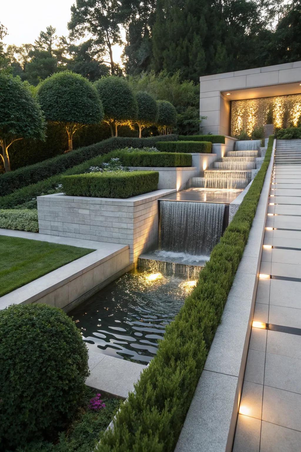 A modern geometric spillway that adds a touch of contemporary elegance to the garden.