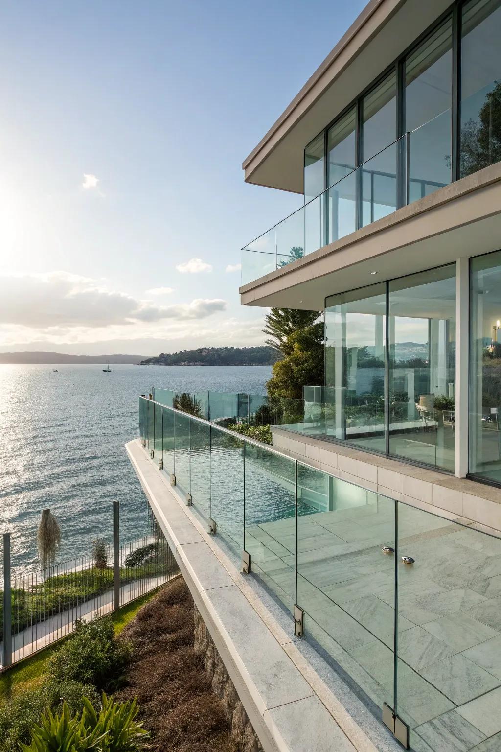 Glass pane fencing offers uninterrupted views of the waterfront.