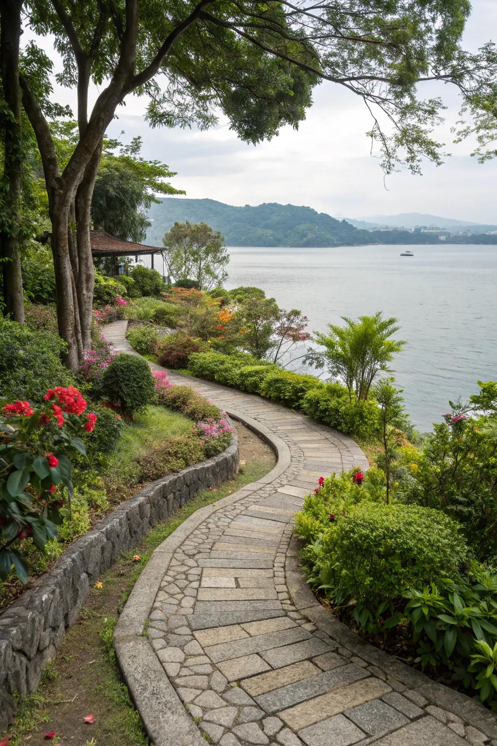 A stone pathway gracefully leading to the water's edge.