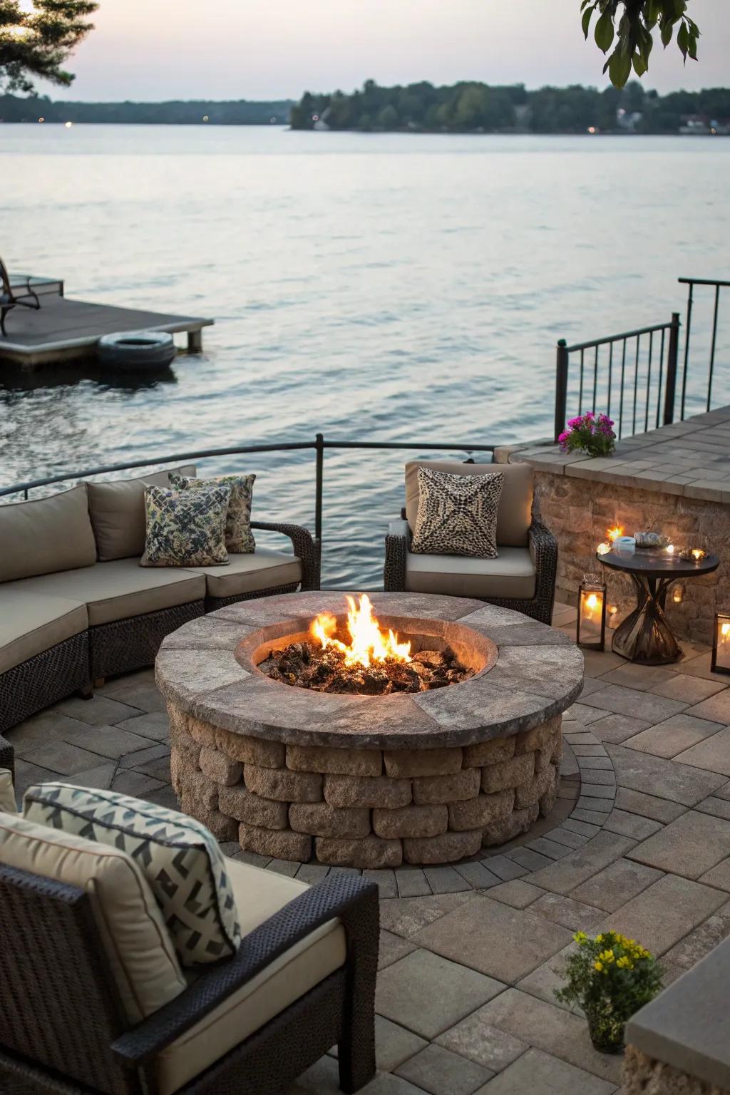 A welcoming fire pit setup for memorable nights by the water.