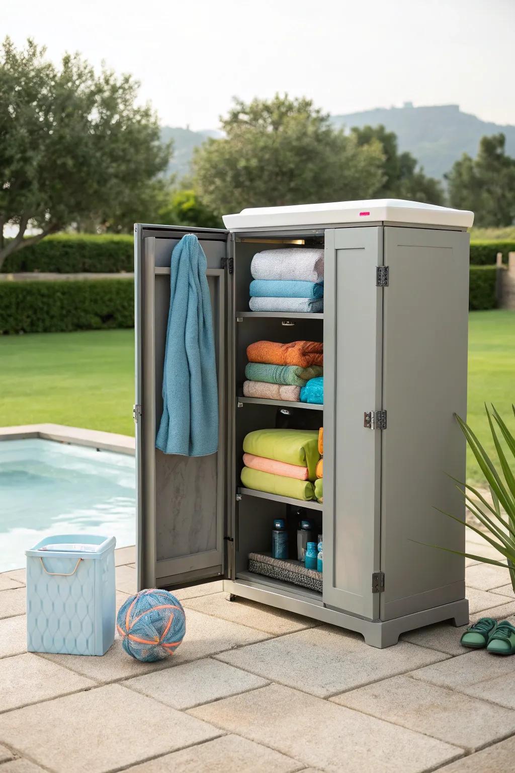 Weatherproof cabinet for organized poolside storage.