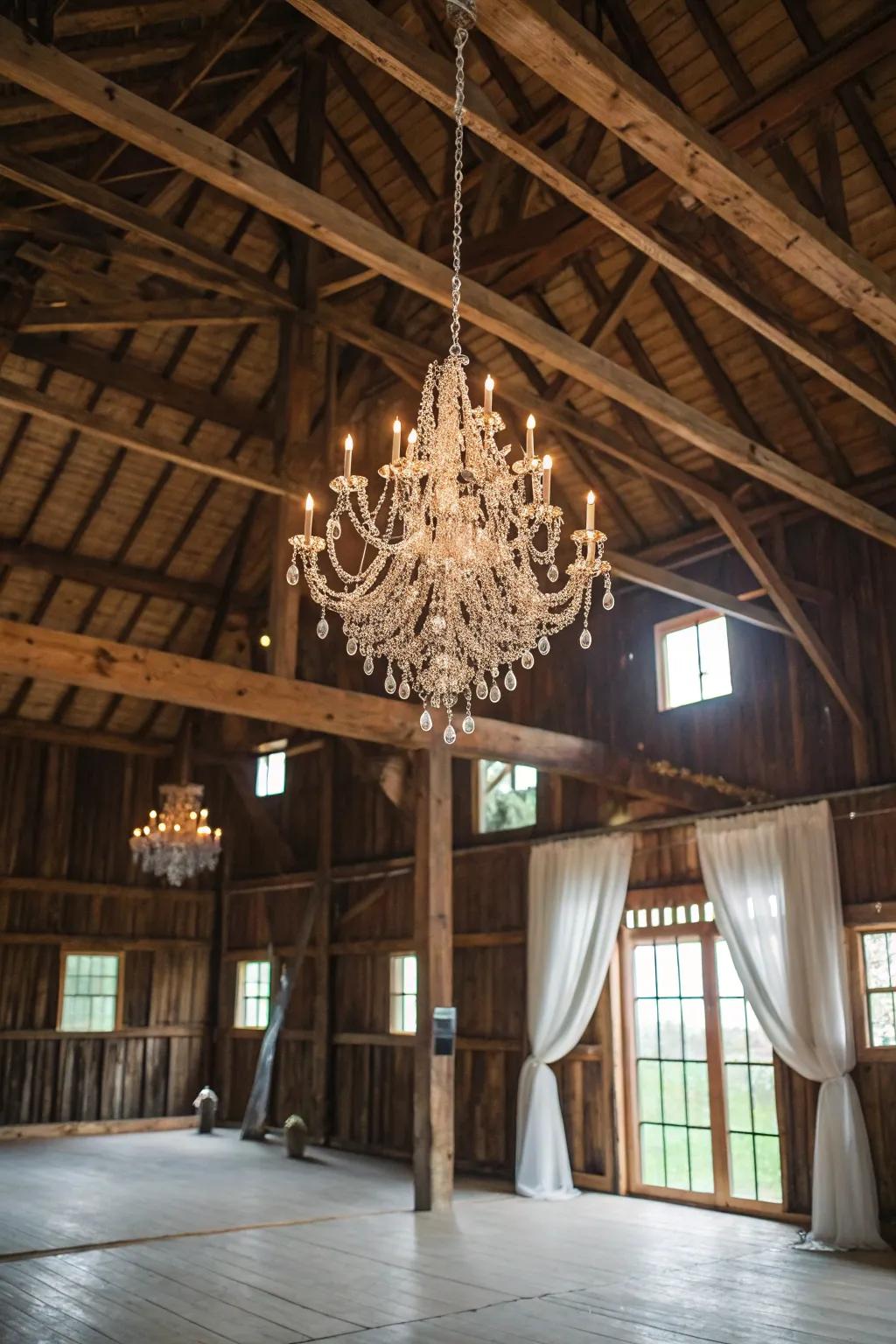 A glamorous chandelier in a rustic barn setting.