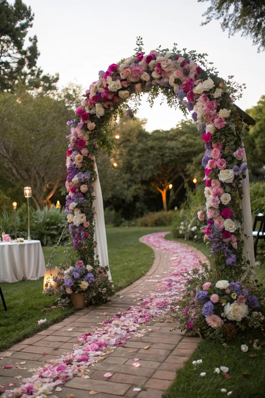 A breathtaking floral arch overflowing with blooms, ideal for a romantic ceremony.