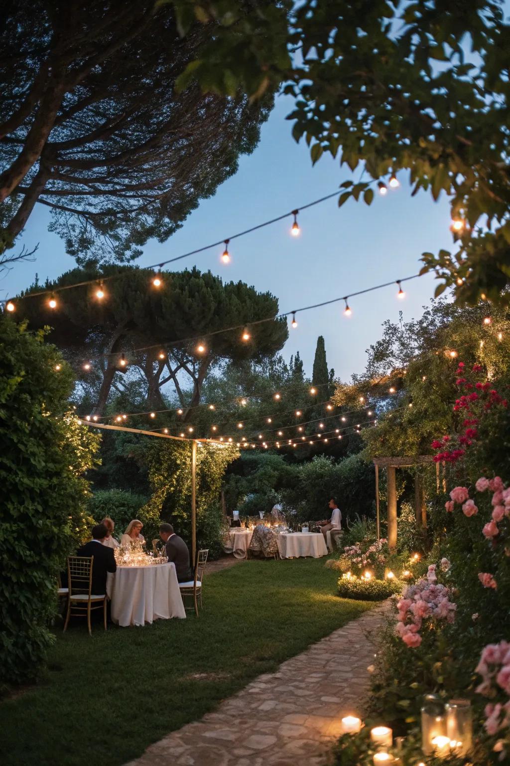 A magical garden wedding with string lights creating a warm glow.