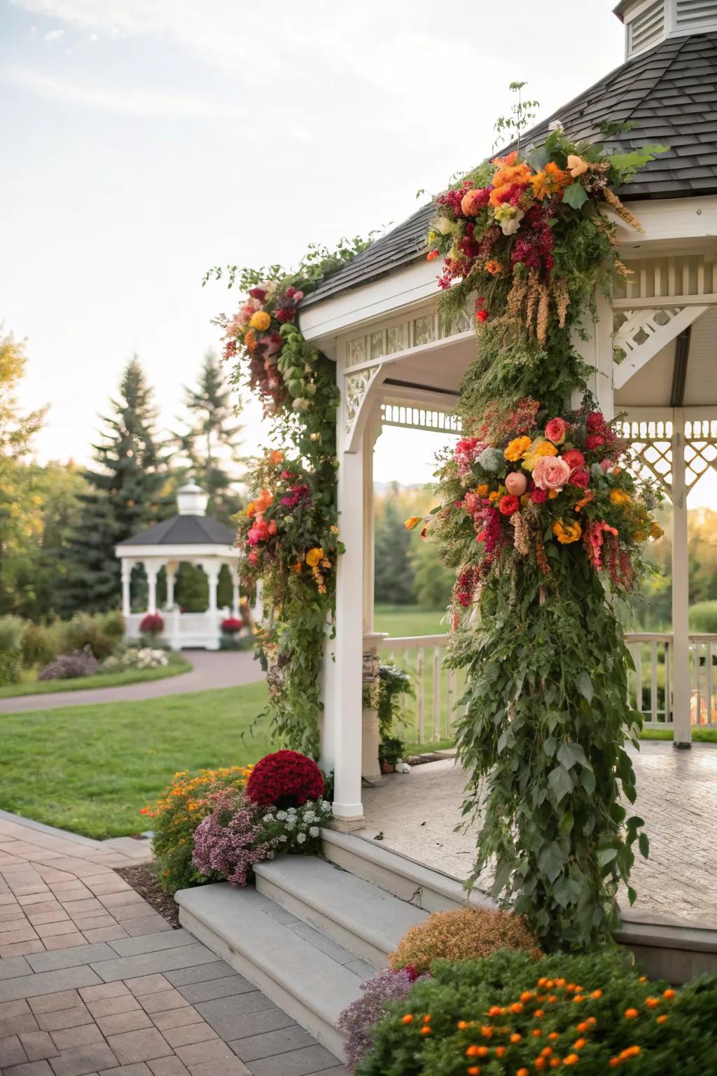 Vibrant flowers bring this wedding gazebo to life.