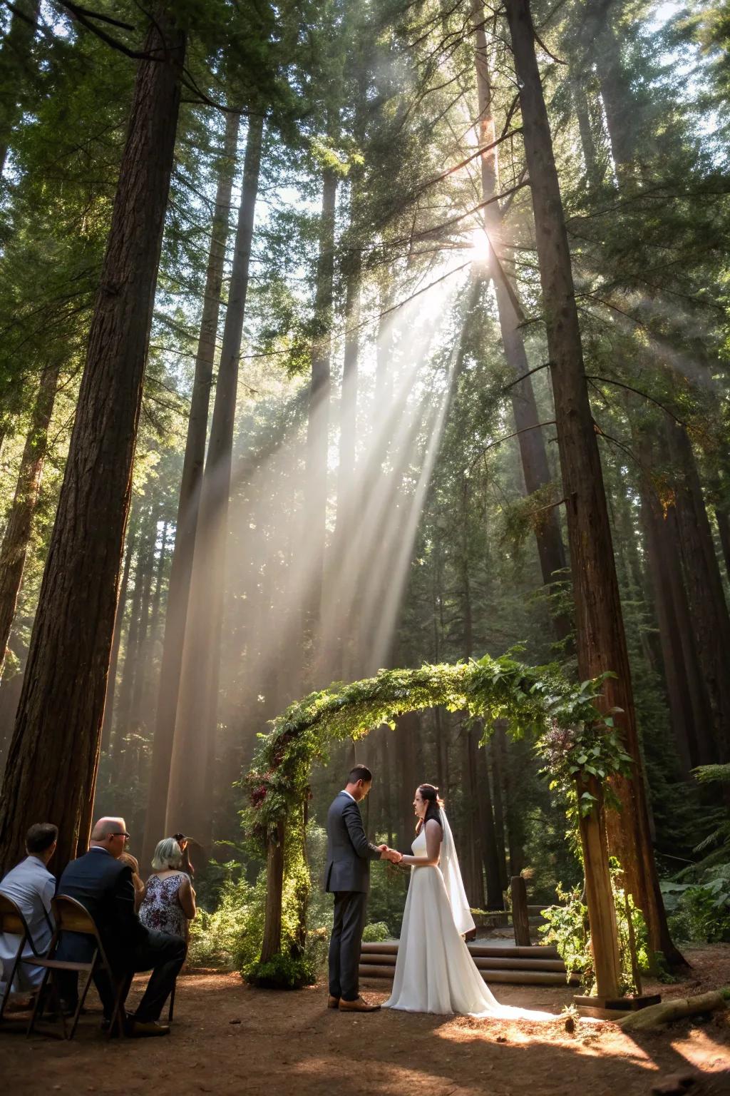 A woodland wedding ceremony with sunlight streaming through the trees