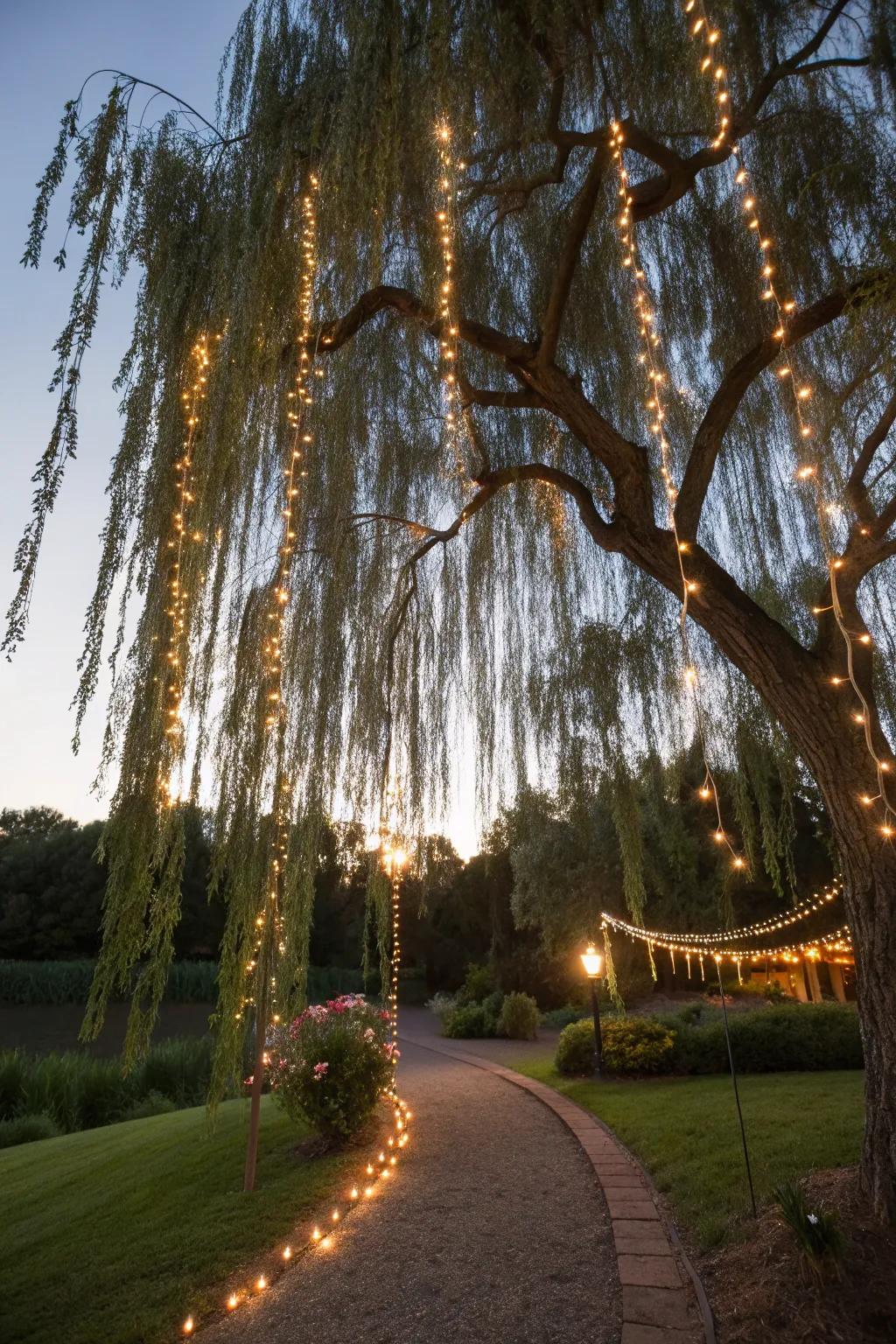 Fairy lights transform a weeping willow into a magical nighttime spectacle.