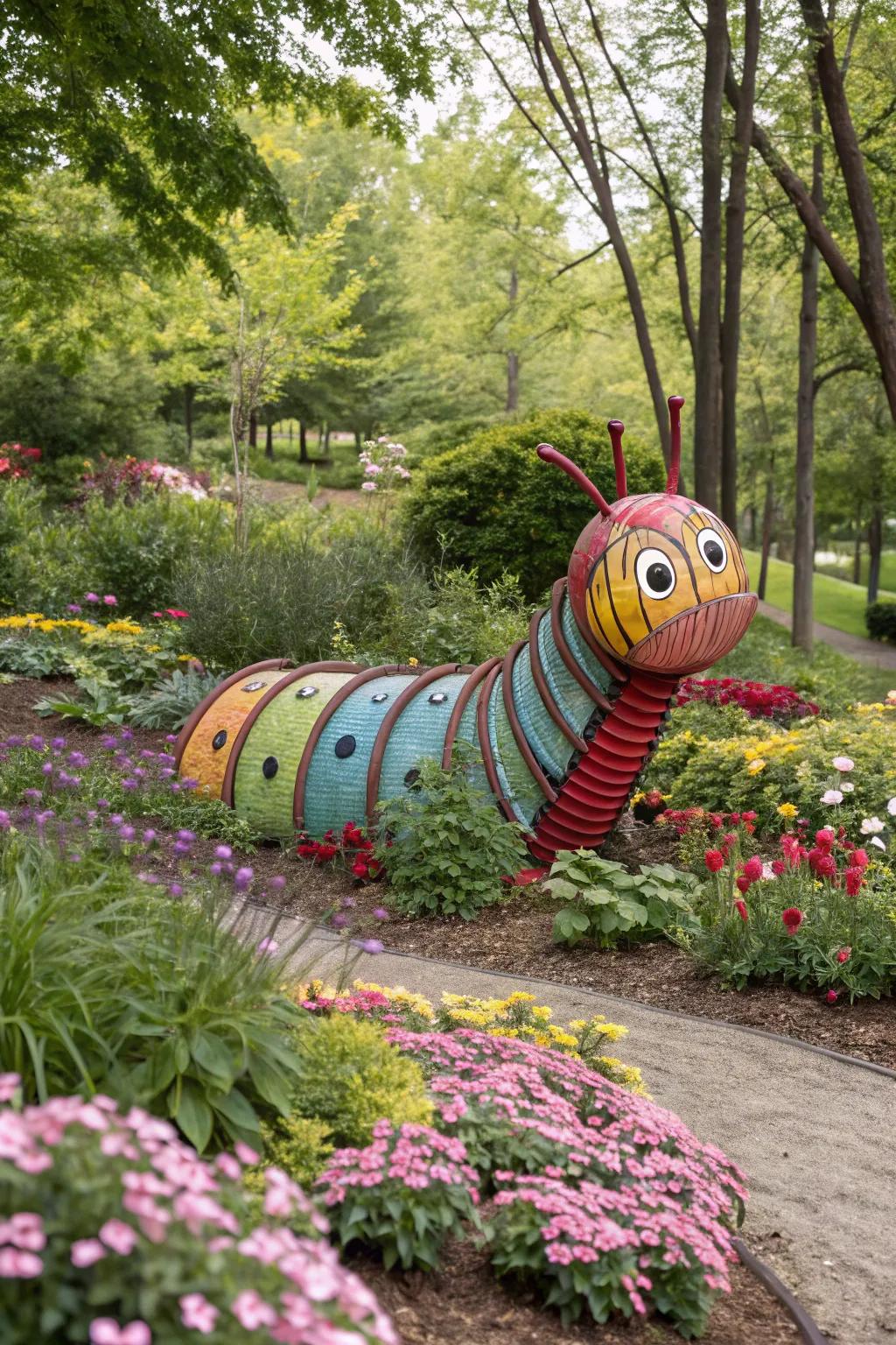 A playful caterpillar made from old rakes.