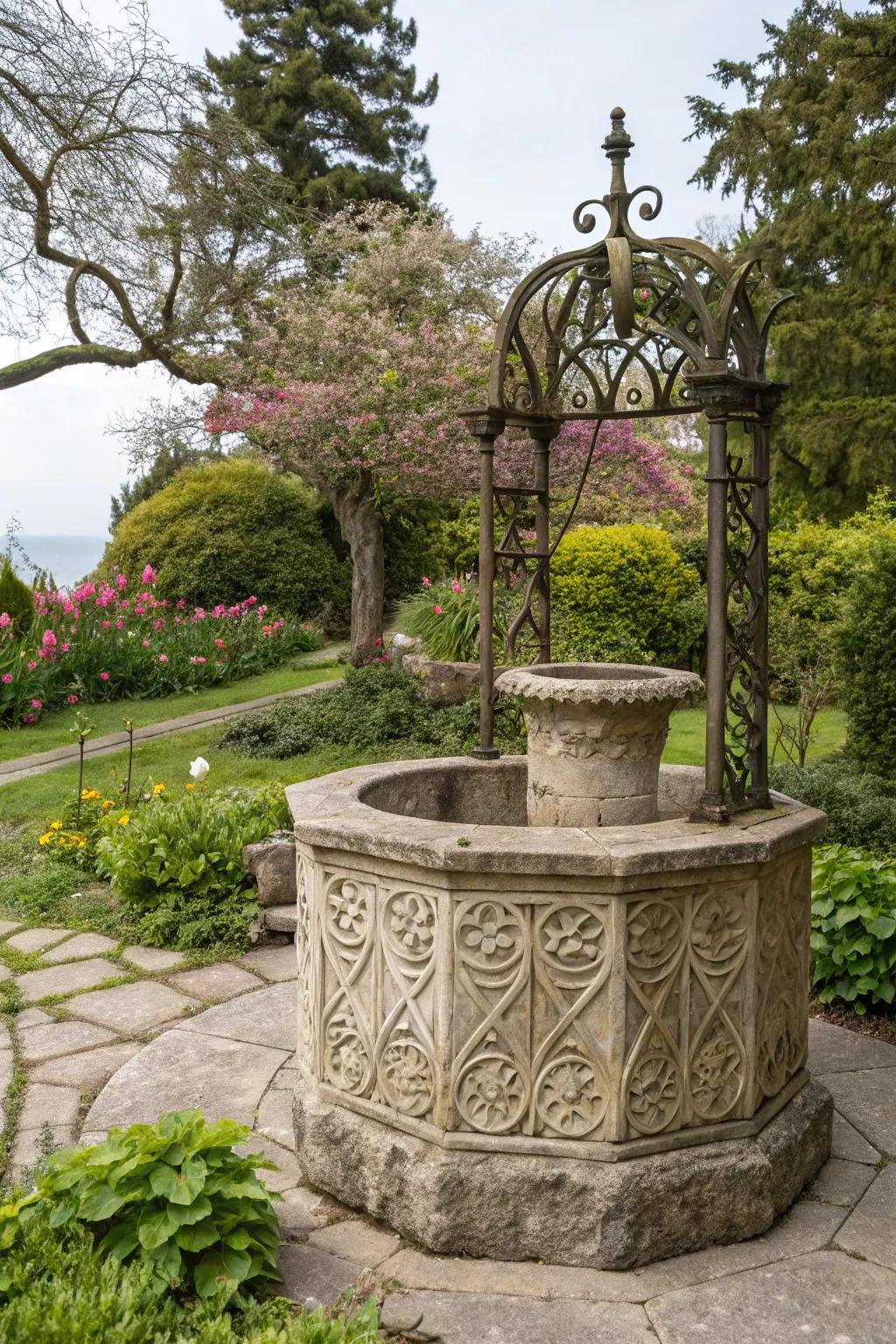 A stone well offers an elegant, timeless appeal.