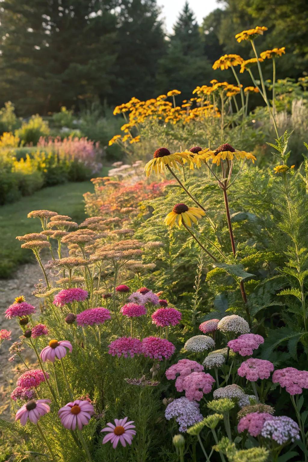 Vibrant yarrow and coneflowers framing a west-facing garden.