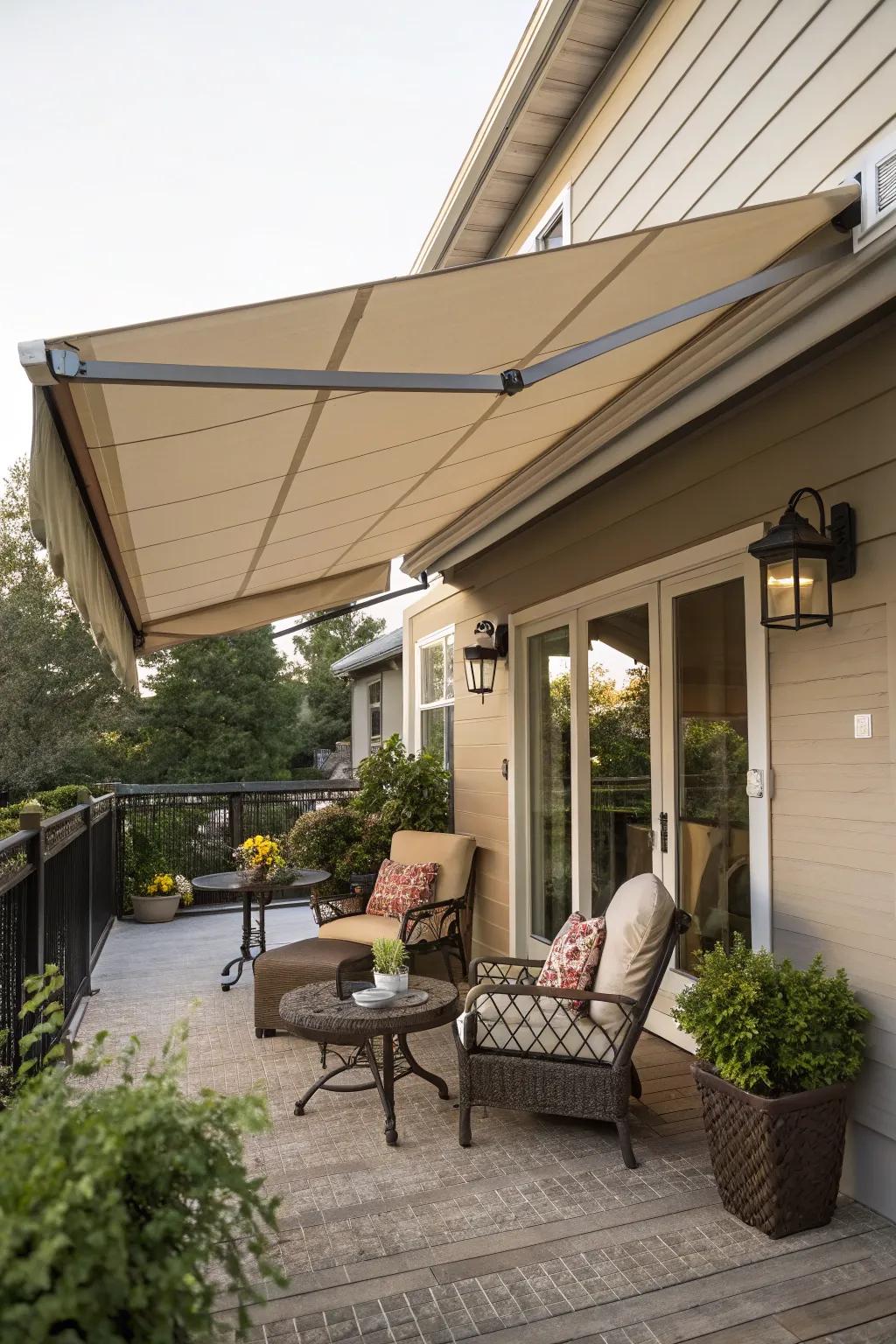 Retractable awnings offer adjustable shade with style.