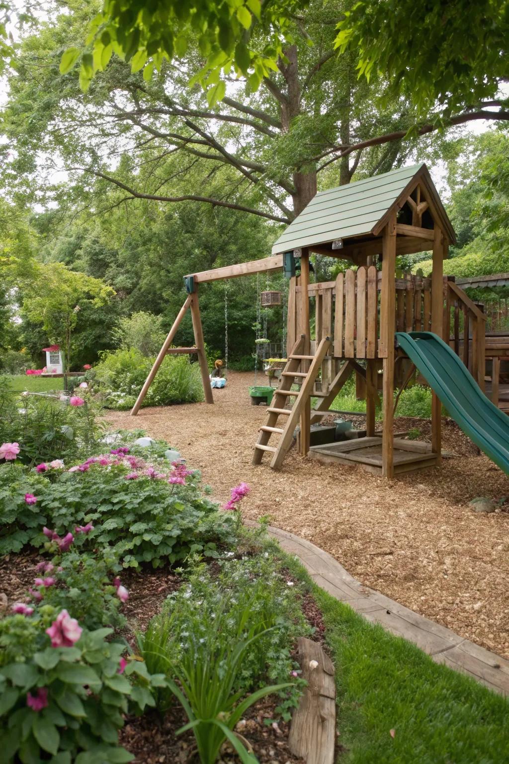 Wood chips create a natural and safe play area for kids.