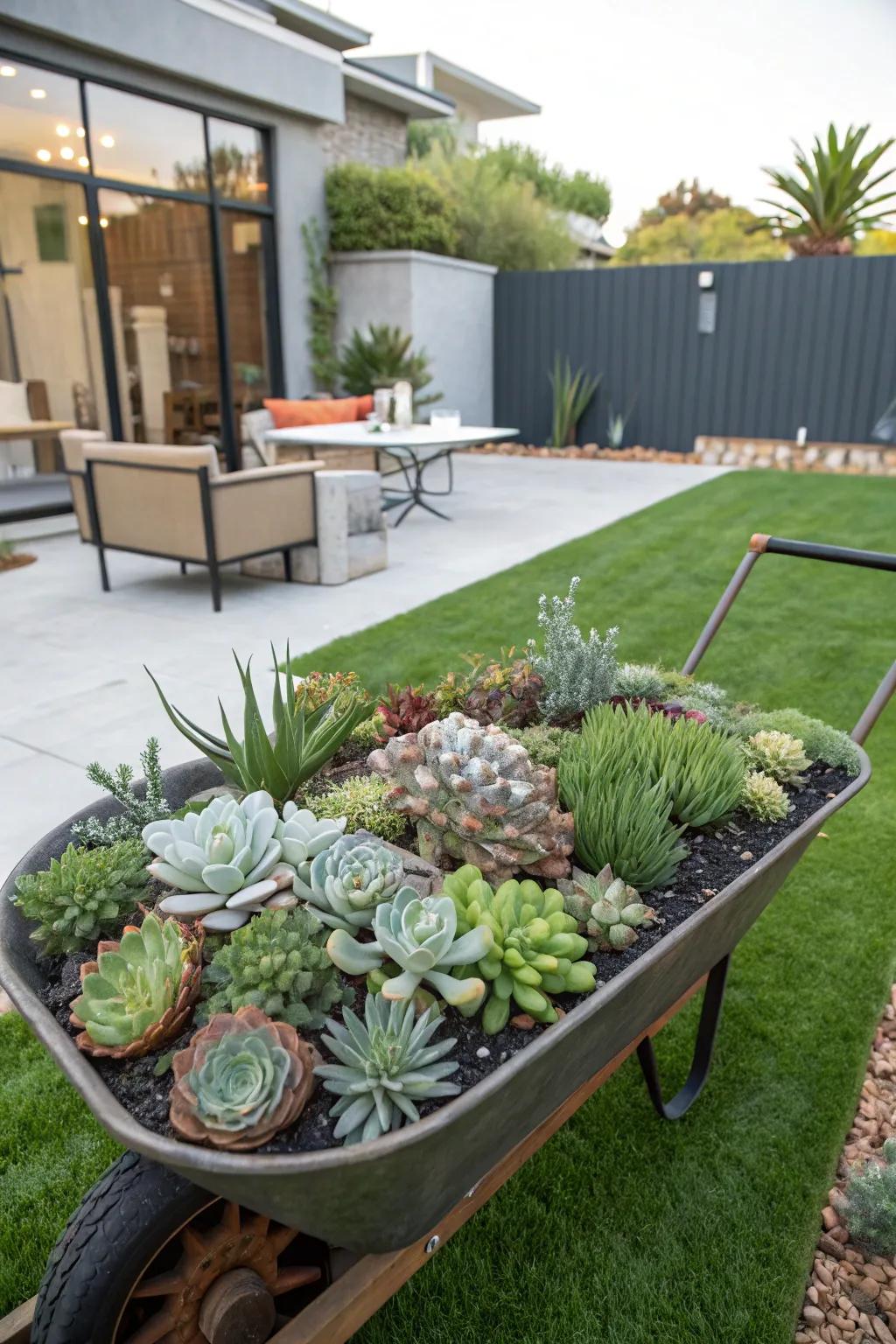 Succulents thrive in this stylish wheelbarrow planter.