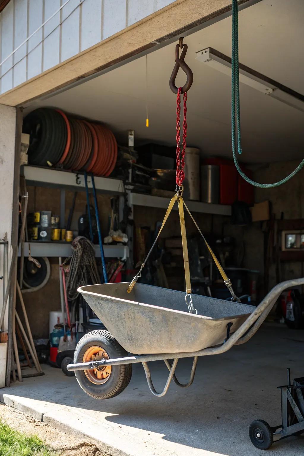 Ceiling hoists provide an innovative storage solution for garages with high ceilings.