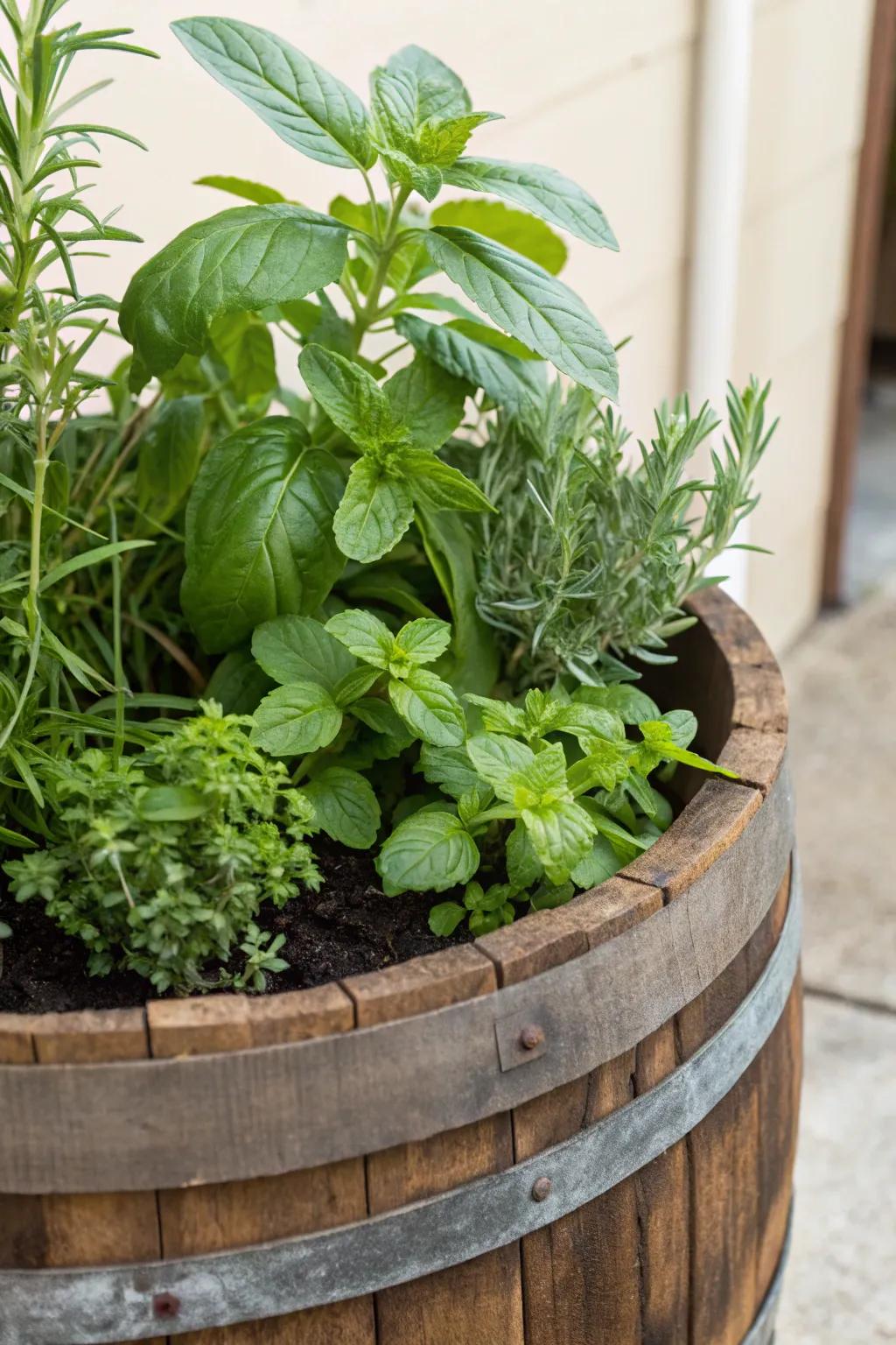 Create a fragrant herb garden in a whiskey barrel.