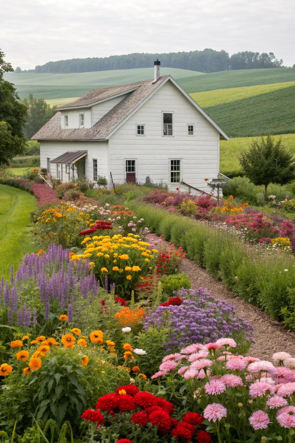 Bright flower beds adding a pop of color to a white farmhouse.