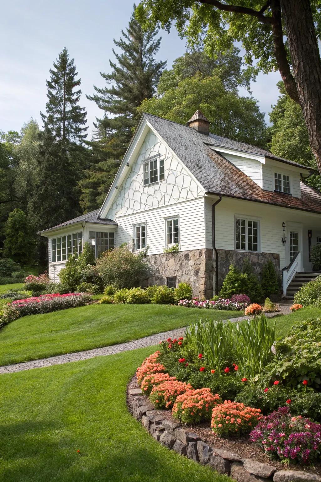 A white home exterior complemented by a natural stone foundation, adding texture and charm.
