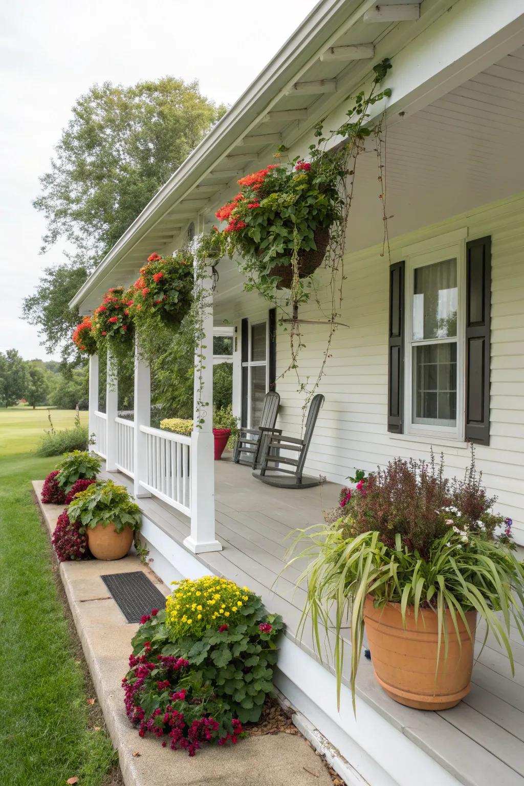 Vibrant planters bring life and color to a white house porch.