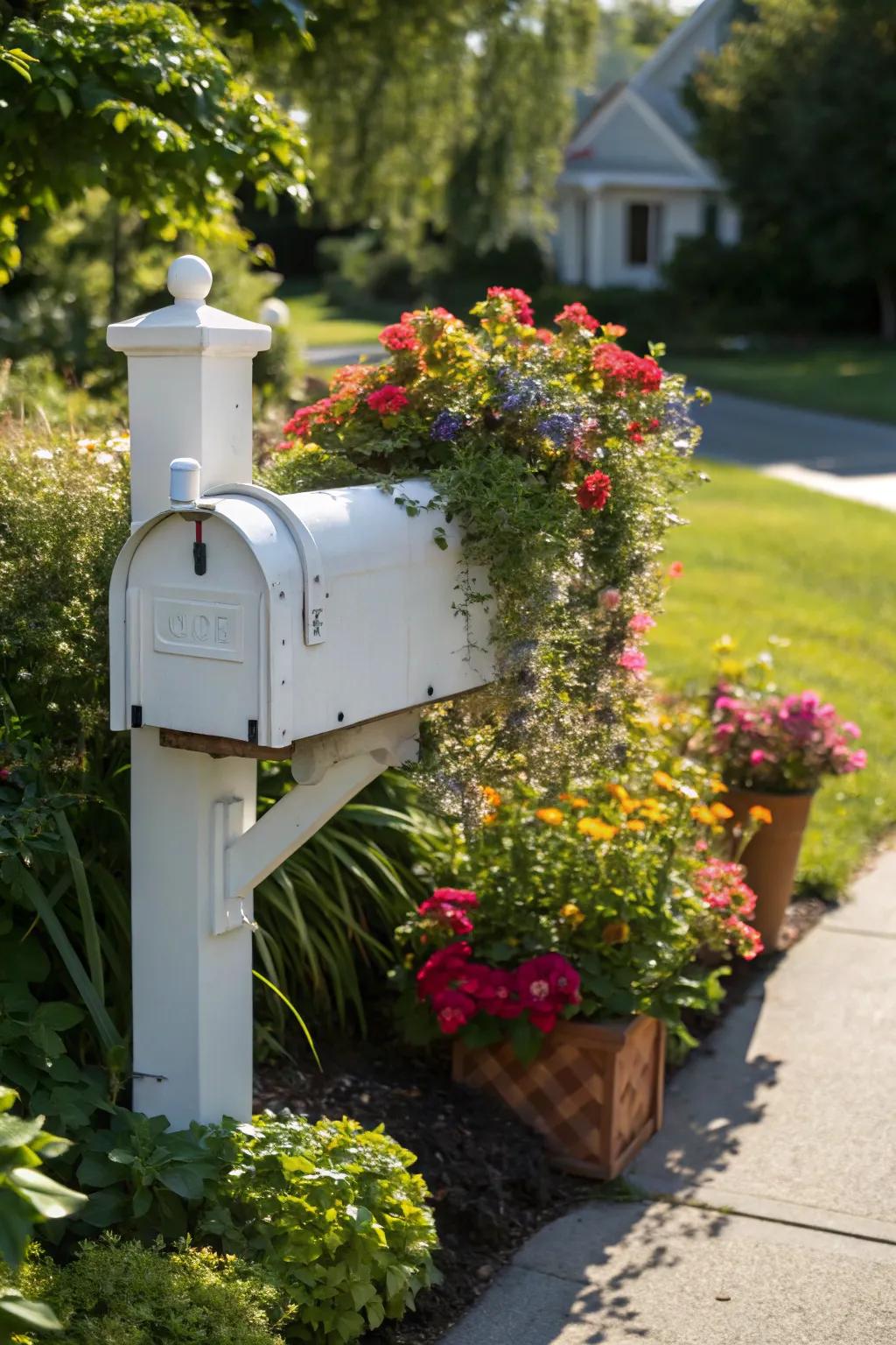 A planter added to a white mailbox creates a lively and inviting entryway.