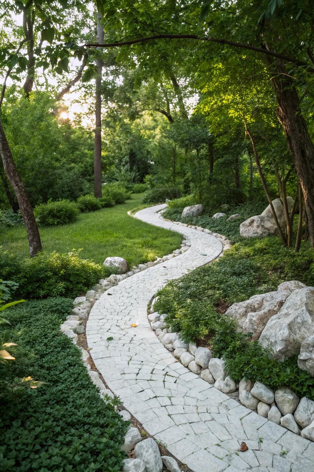 Invite exploration with enchanting white marble pathways.