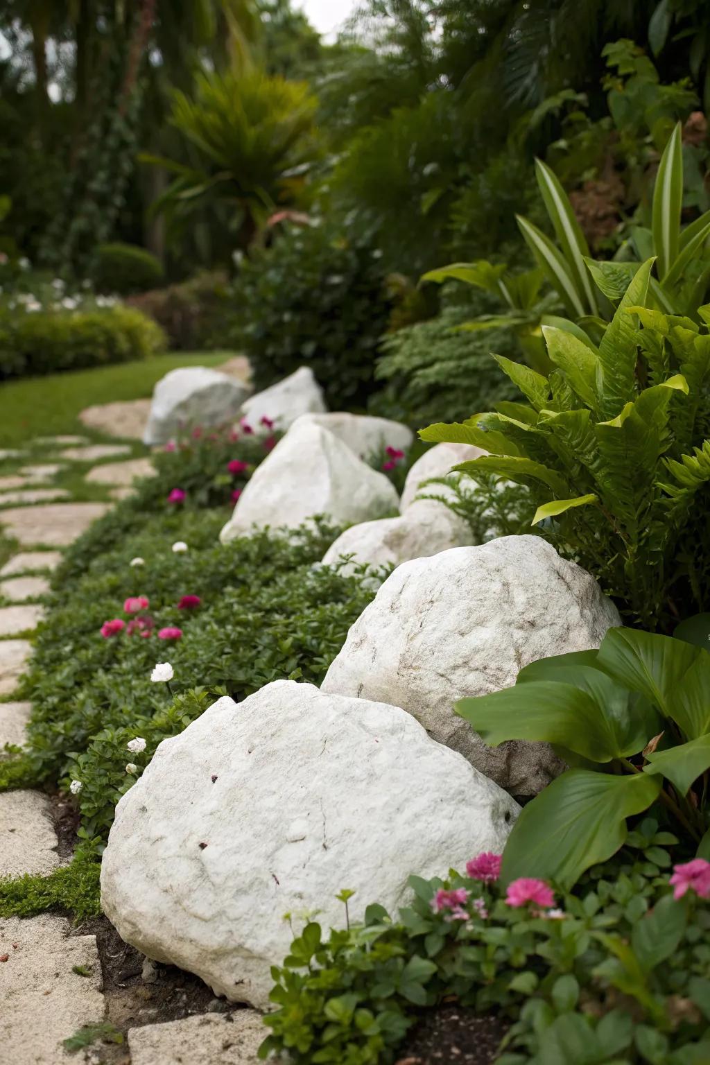 White rocks enhancing the vibrancy of lush greenery.