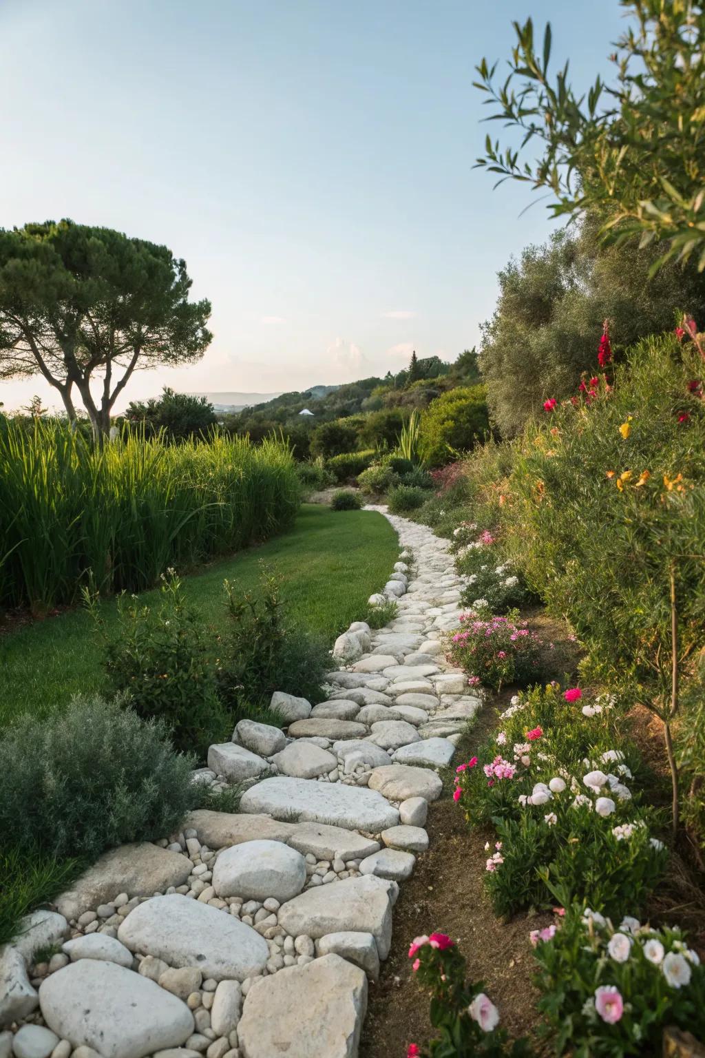 White rocks can elegantly define pathways in your garden.
