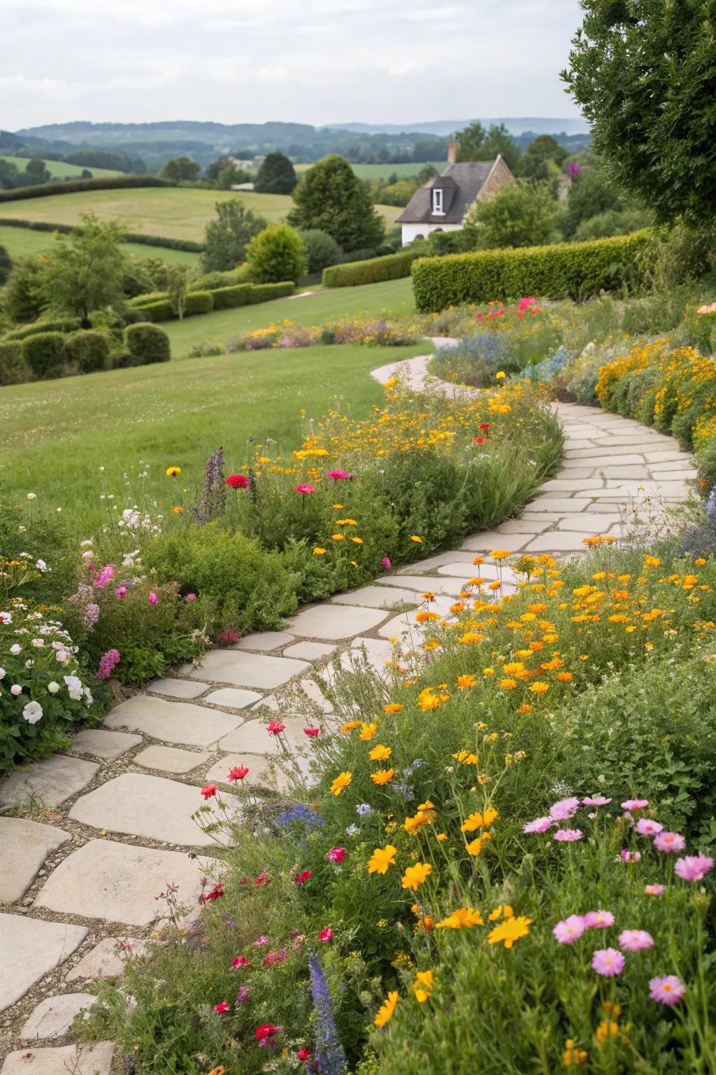 A charming stone path winding through wildflowers.