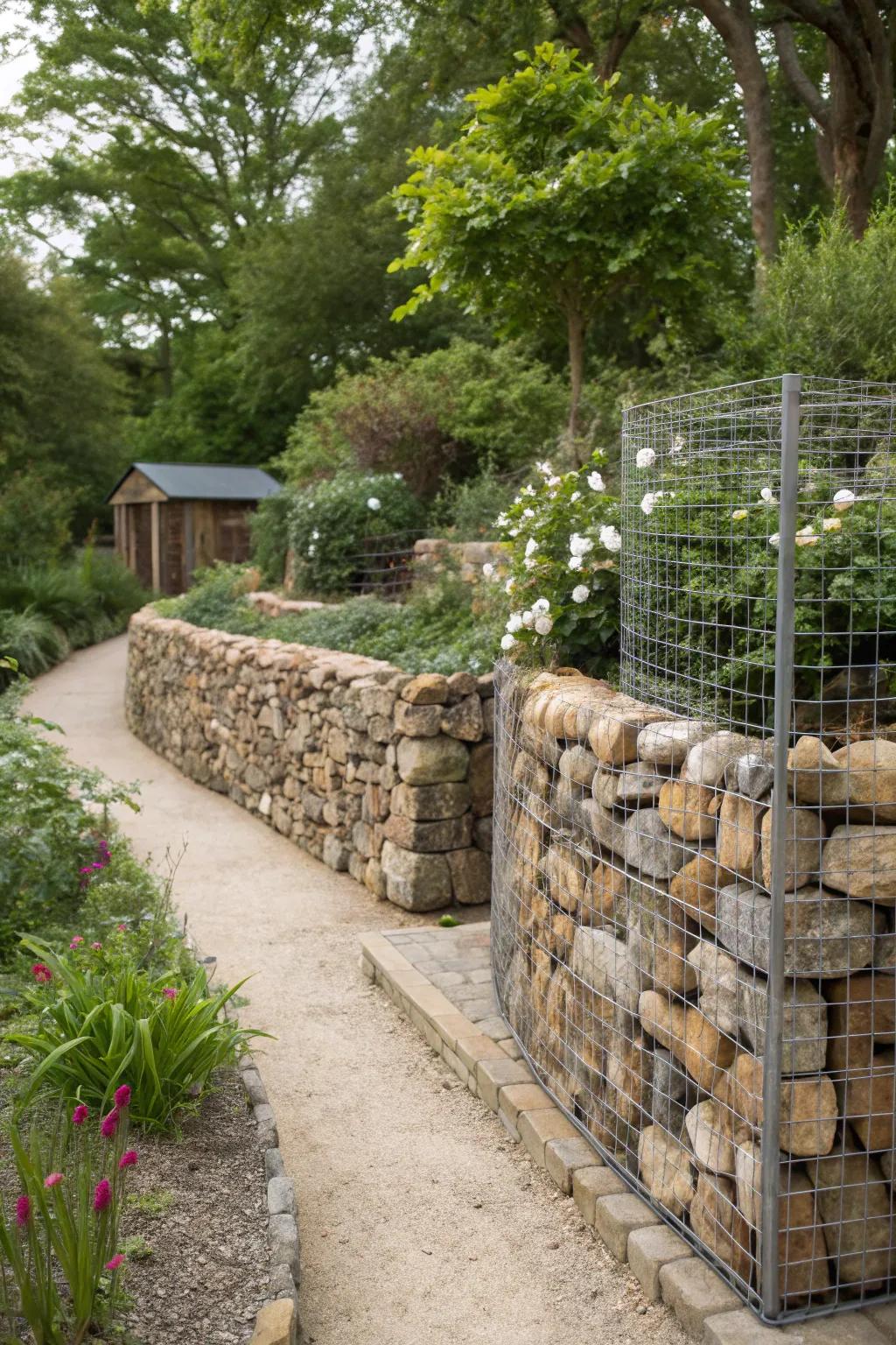 Gabion walls add a rustic touch while blocking the wind.