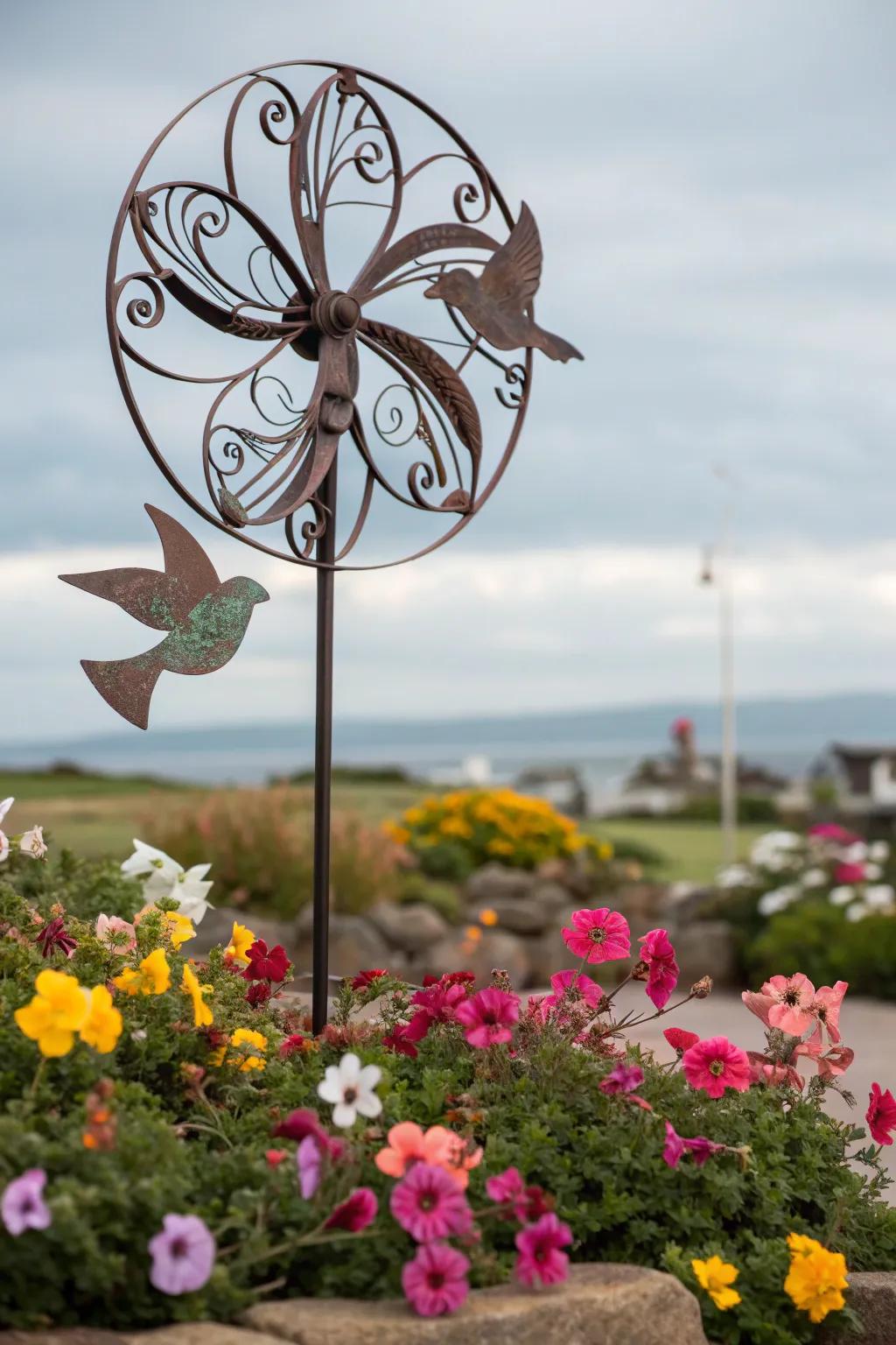 Bird-themed wind spinners add a playful touch to garden areas.