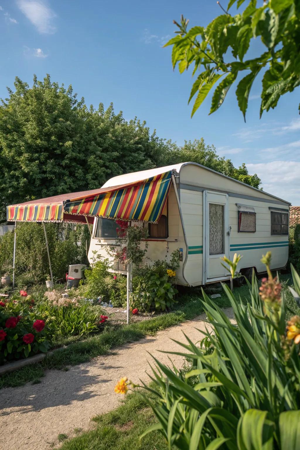 A vibrant fabric awning adding a splash of color to a mobile home.
