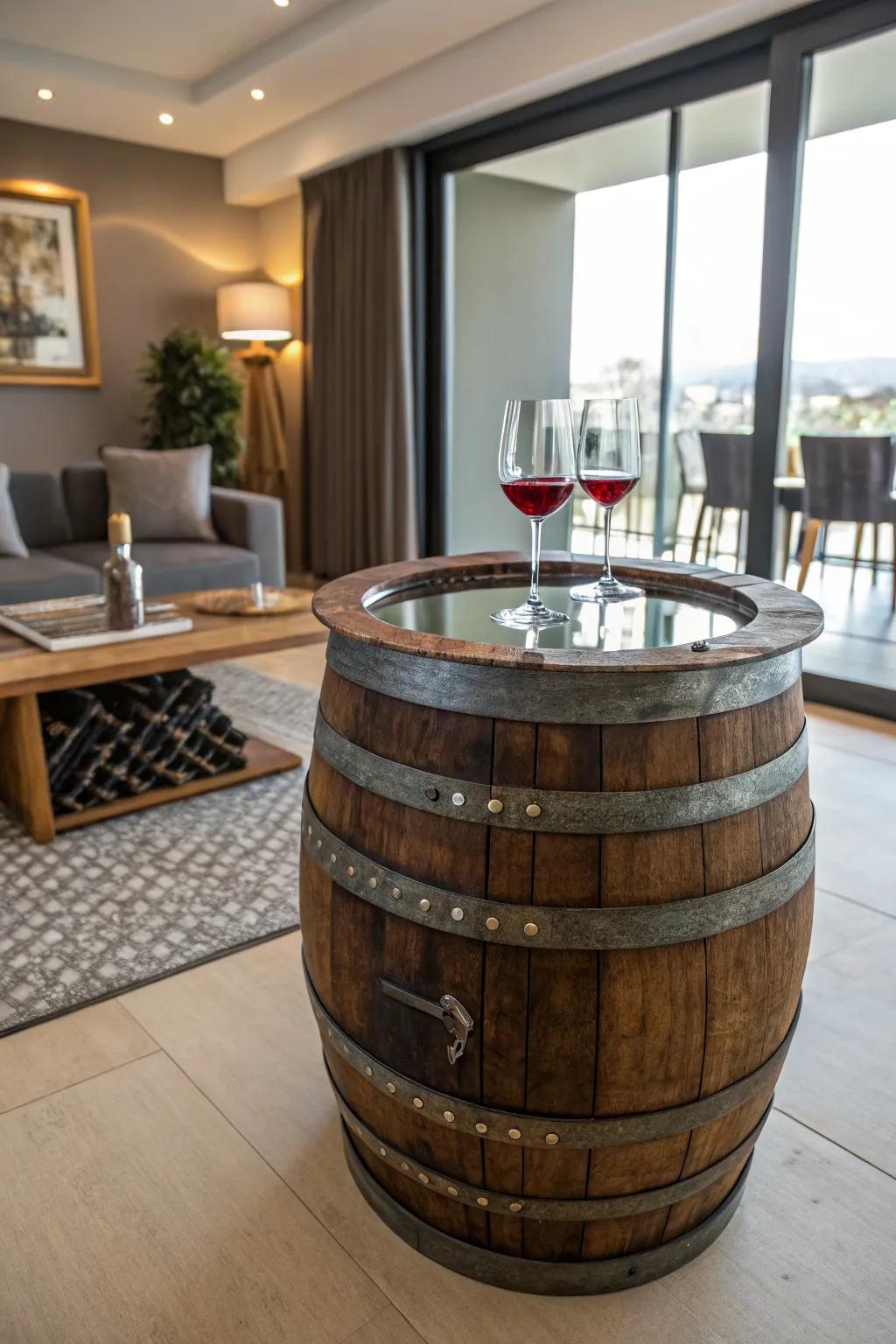 Add elegance to your decor with a glass-topped wine barrel table.