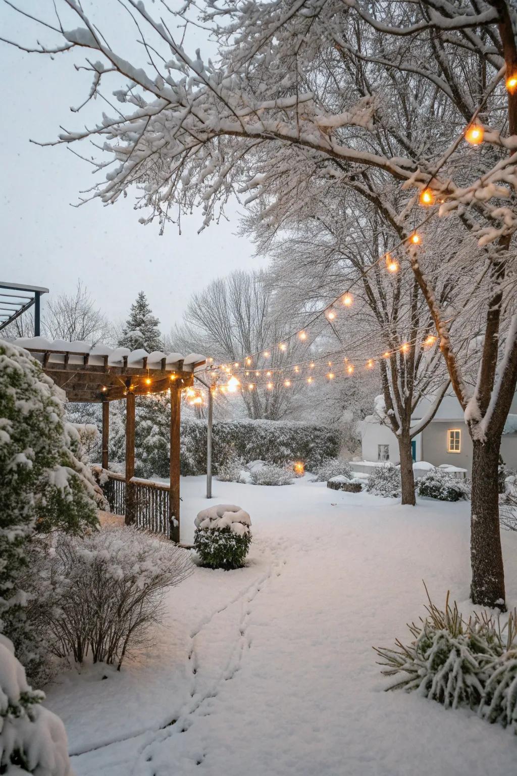 Twinkling lights add magic to a winter backyard.