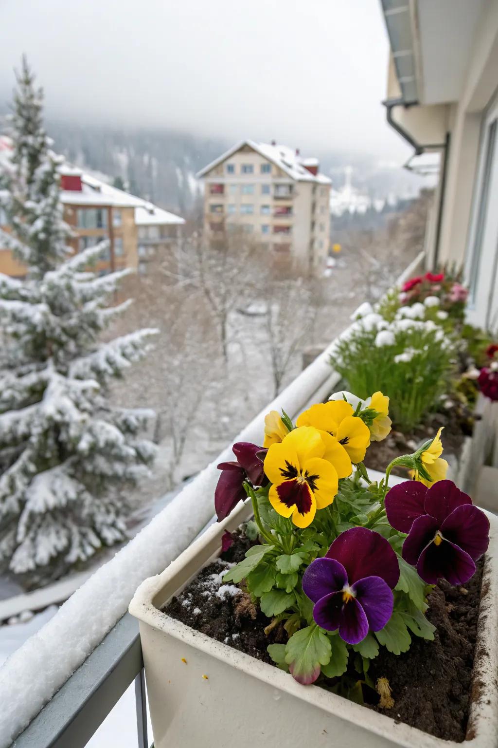 Pansies add a vibrant touch to winter gardens.