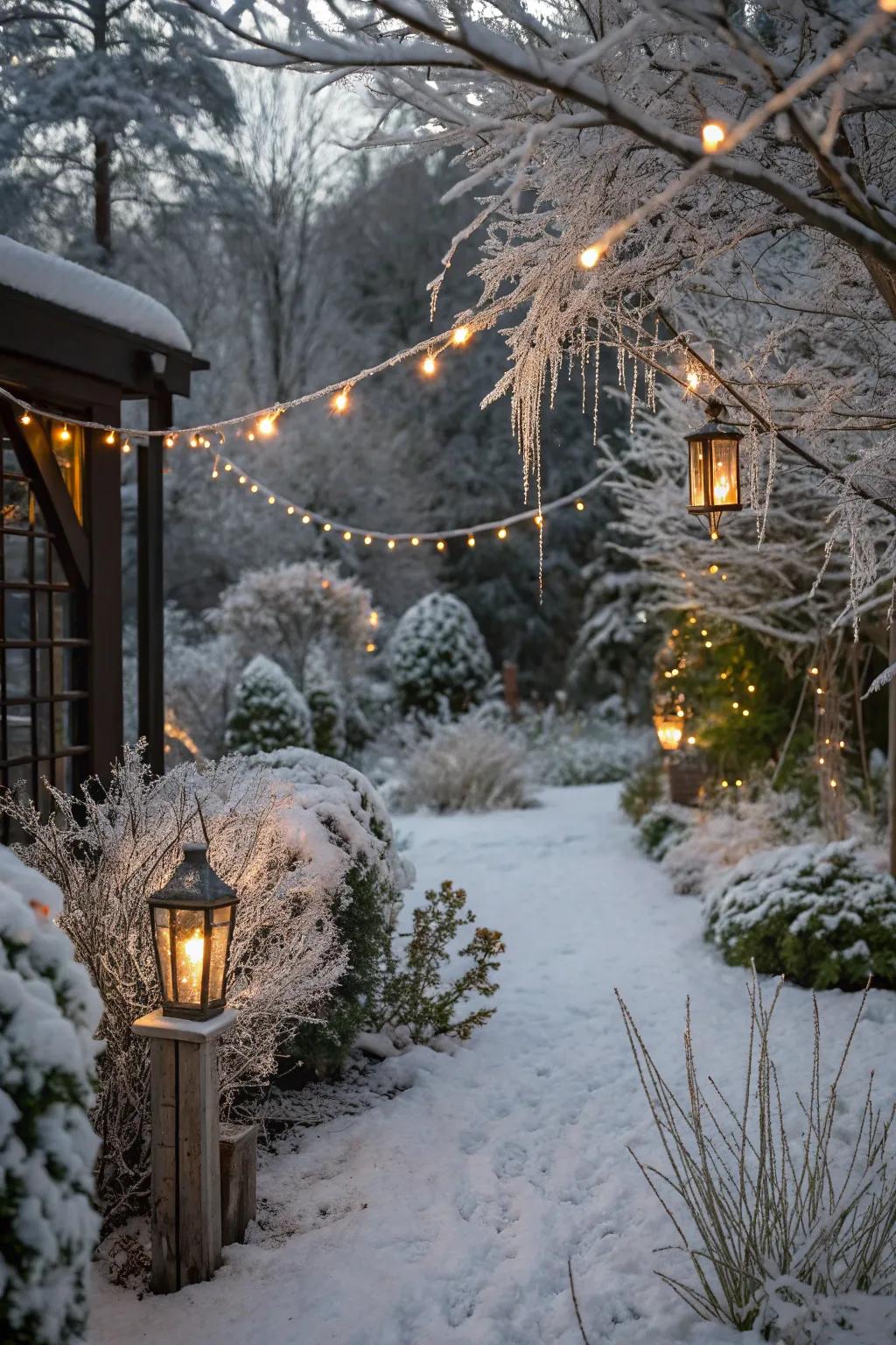 Lighting transforms a winter garden into a magical retreat.