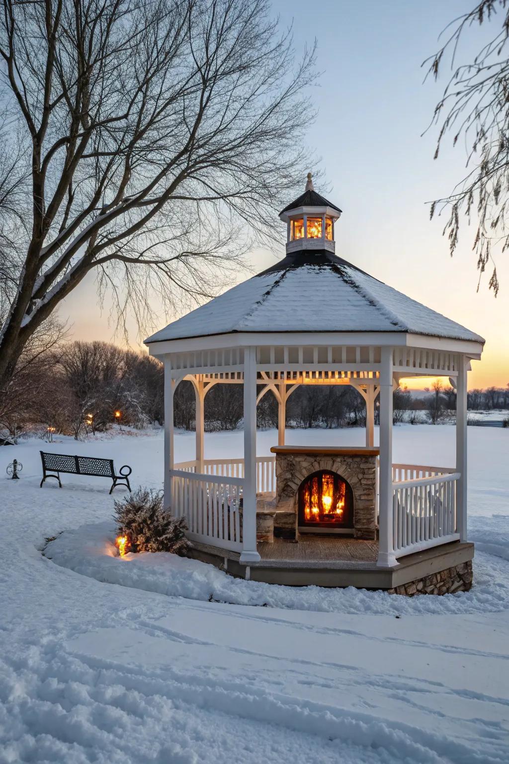 A fireplace adds warmth and a magical glow to your winter gazebo.
