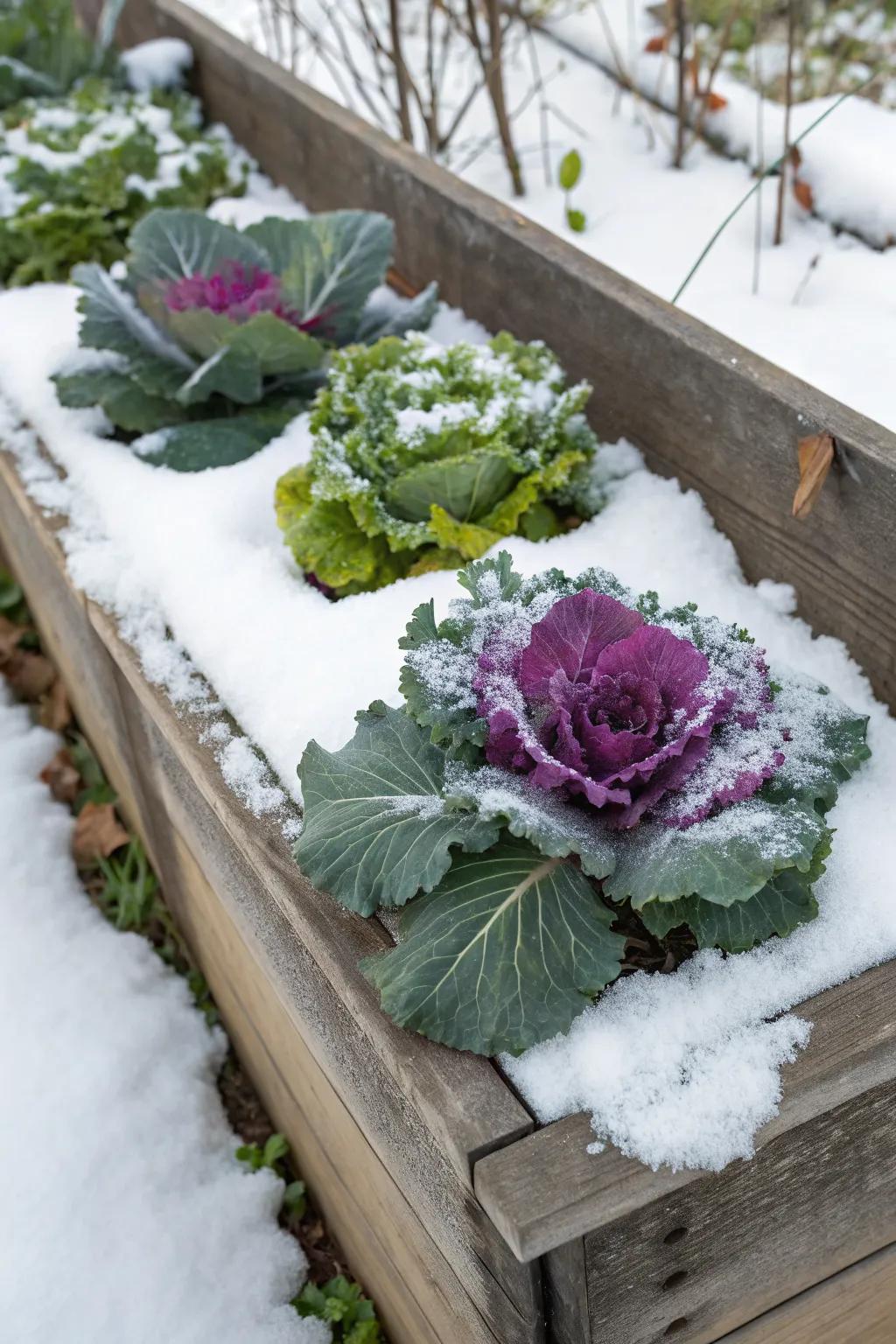Ornamental cabbages and kale offer vibrant color in the winter landscape.