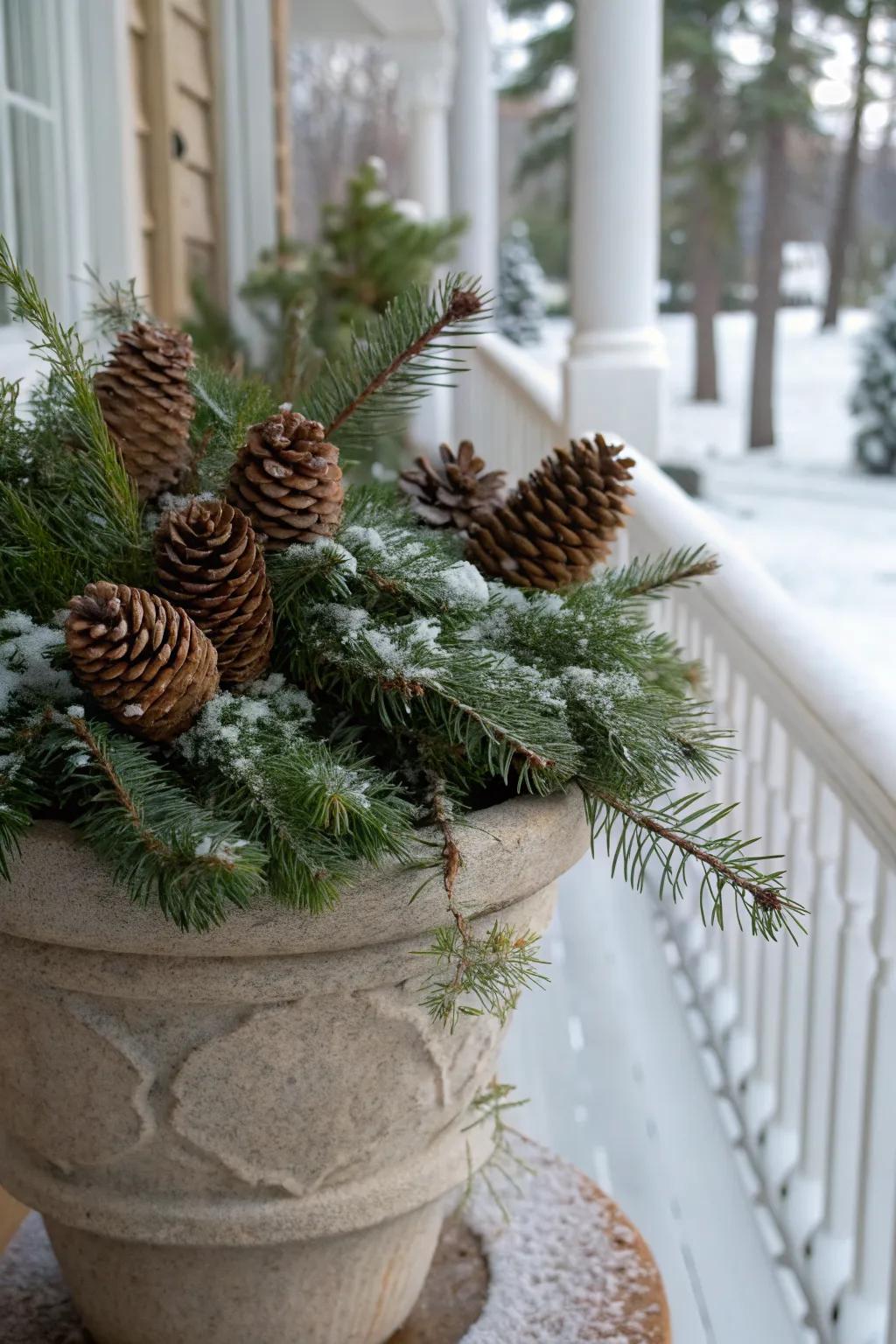 Pinecones add rustic charm to a winter arrangement.