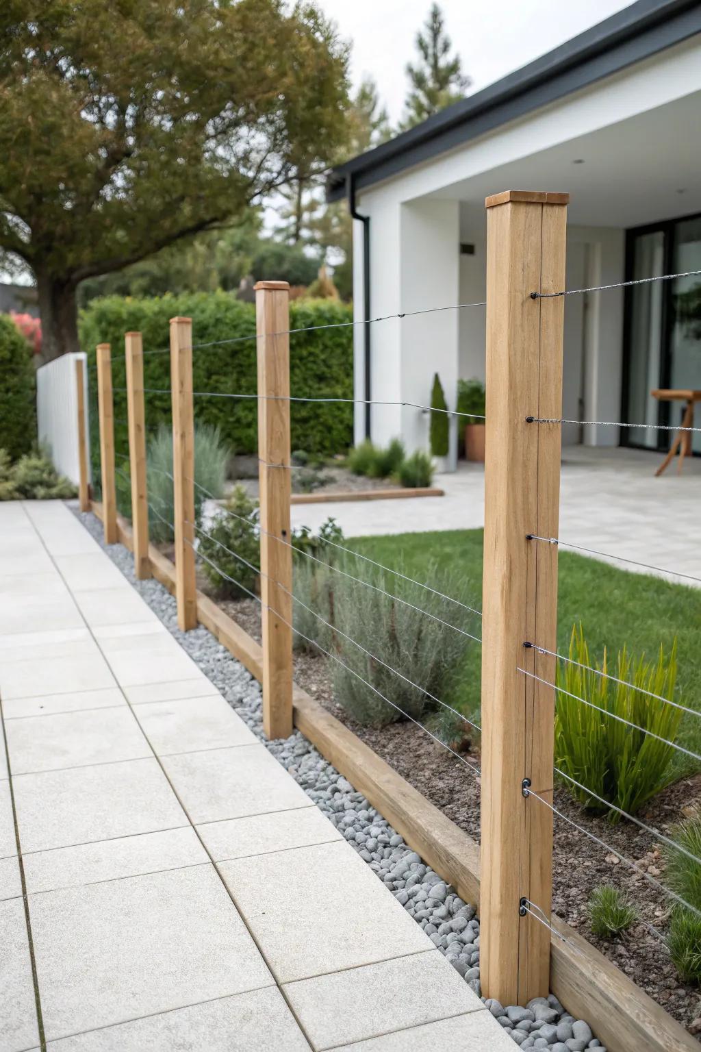 Sleek and modern wire fence with wooden posts in a stylish garden.