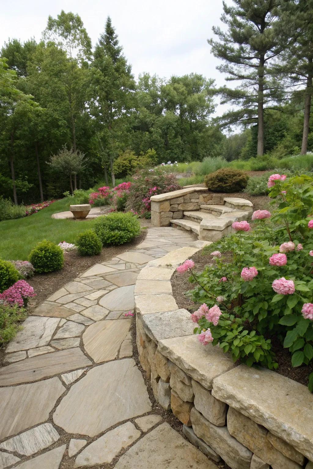 Natural stone paths and retaining walls enhance a Wisconsin garden's structure.